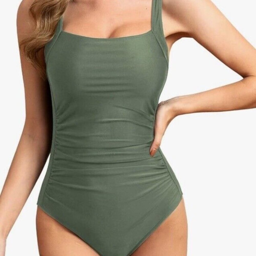 Upopby Womens‎ Padded One Piece Tummy Control Swimsuit Olive Green Size 12 NWT